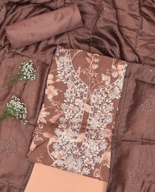 Brown chudidhar material set floral thread embroidered top with plain bottom & sequins embroidered dupatta