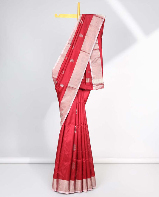 Red all-over flower motifs upadda silk saree with self zari border
