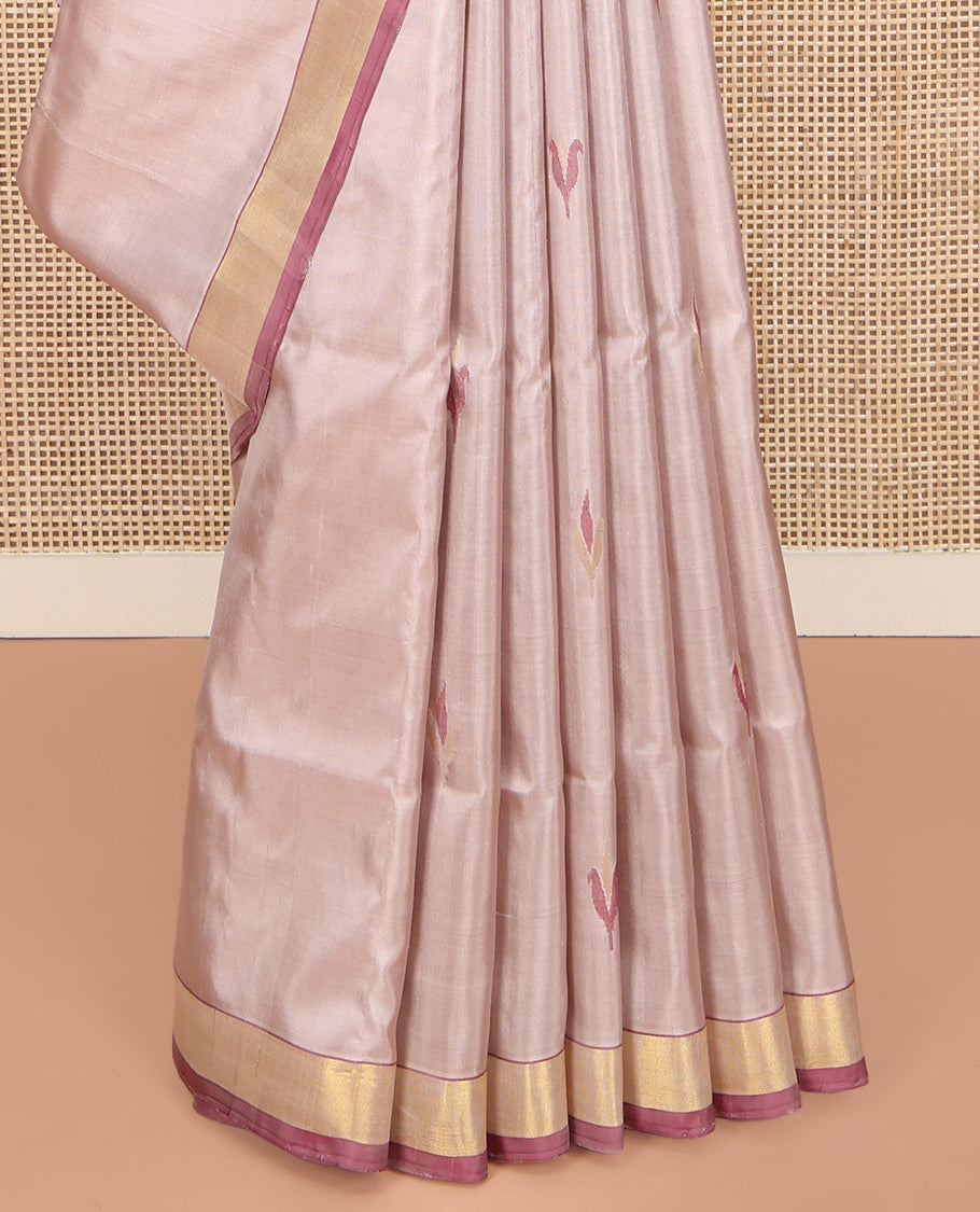 Light Sandal Uppada Silk Saree, Sparsely Woven with Floral Buttas on Its Body, Highlighted by a Contrast Zari Bavanji Border, Pallu of Floral Designs, and Paired with a Matching Blouse