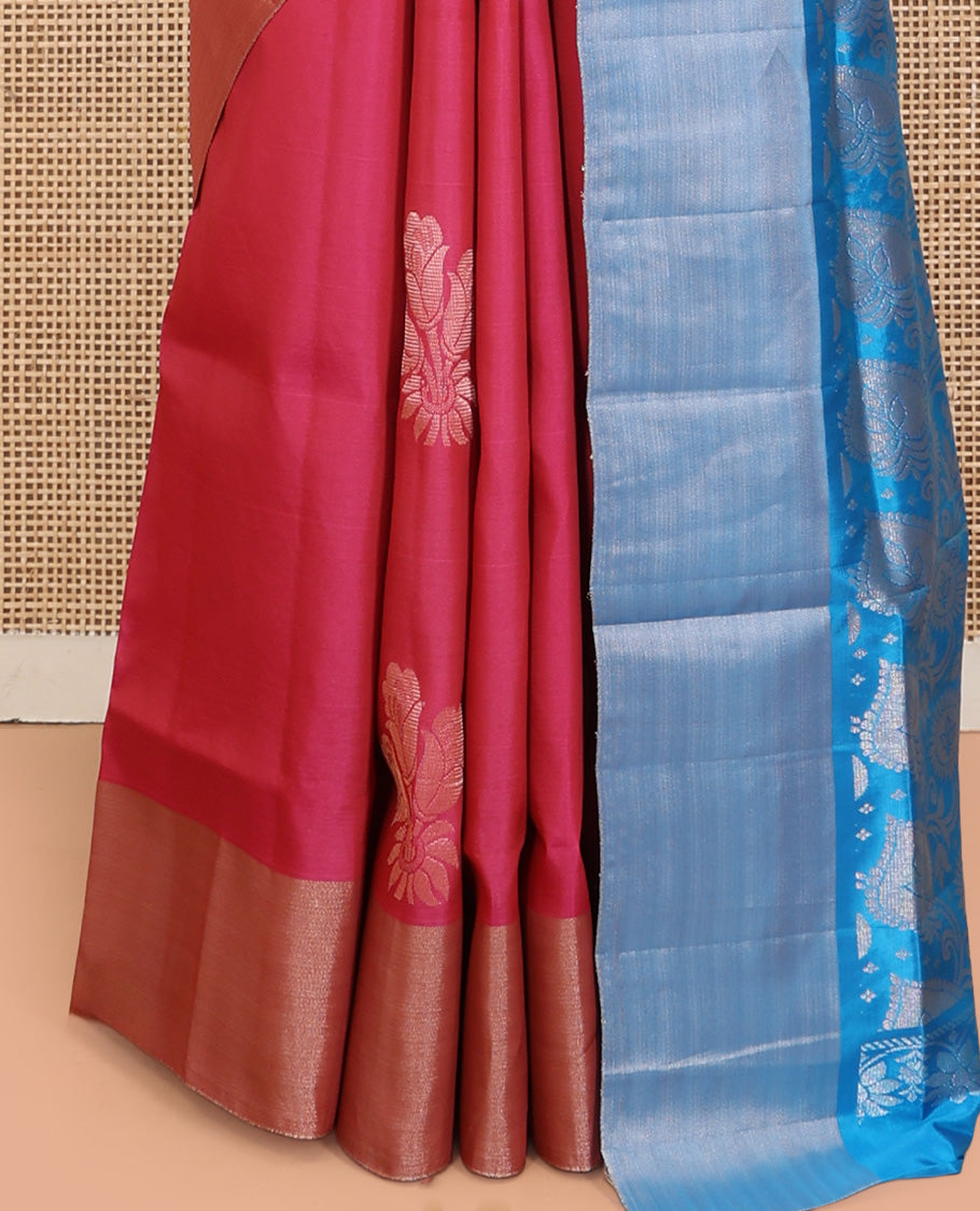 Pink Uppada Saree, Spotlighted with Hibiscus Floral Buttas, a Bavanji Border, Contrast Intricate Pallu, and a Contrast Blouse