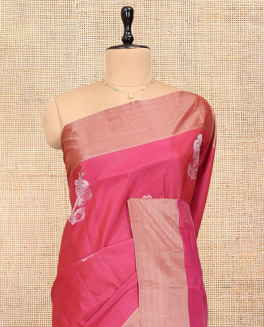 Pink Uppada Saree, Spotlighted with Hibiscus Floral Buttas, a Bavanji Border, Contrast Intricate Pallu, and a Contrast Blouse