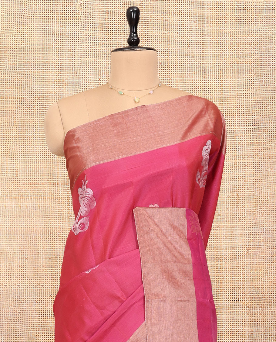 Pink Uppada Saree, Spotlighted with Hibiscus Floral Buttas, a Bavanji Border, Contrast Intricate Pallu, and a Contrast Blouse