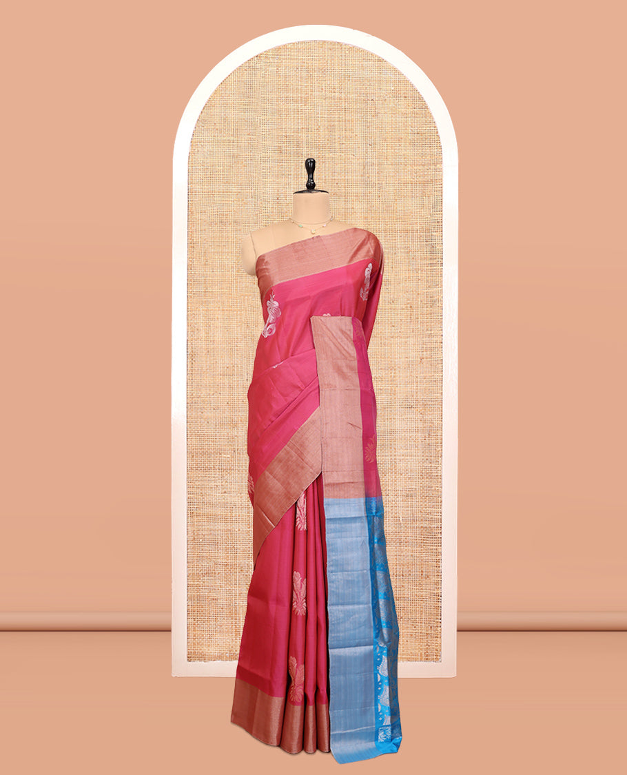 Pink Uppada Saree, Spotlighted with Hibiscus Floral Buttas, a Bavanji Border, Contrast Intricate Pallu, and a Contrast Blouse