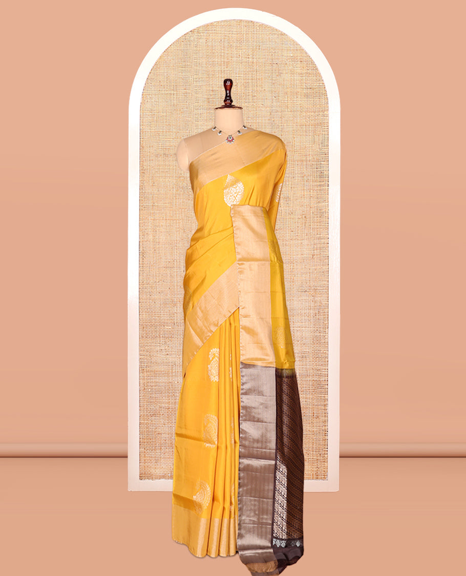 Yellow Semi Uppada Saree, Decorated with Zari Buttas, a Bavanji Border, Contrast Diagonal Leaf Vine Pallu, and a Contrast Blouse