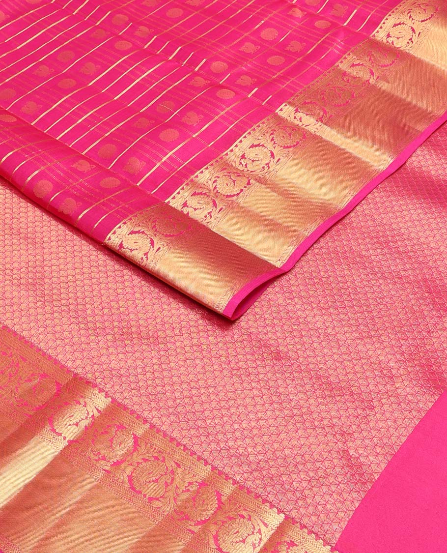 Pink annam chakram buttas zari checked Vasundhara silk mix saree, zari border of muthu,rekku,kathir & kodi mayil & jaal pallu