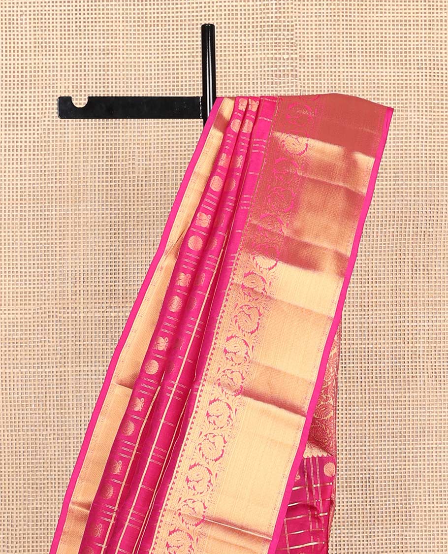 Pink annam chakram buttas zari checked Vasundhara silk mix saree, zari border of muthu,rekku,kathir & kodi mayil & jaal pallu