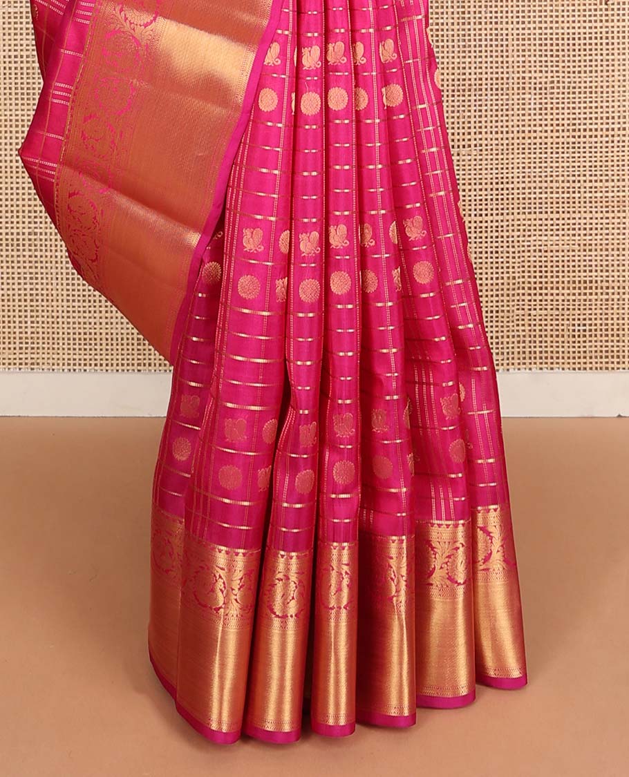 Pink annam chakram buttas zari checked Vasundhara silk mix saree, zari border of muthu,rekku,kathir & kodi mayil & jaal pallu