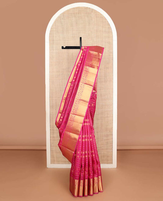 Pink annam chakram buttas zari checked Vasundhara silk mix saree, zari border of muthu,rekku,kathir & kodi mayil & jaal pallu