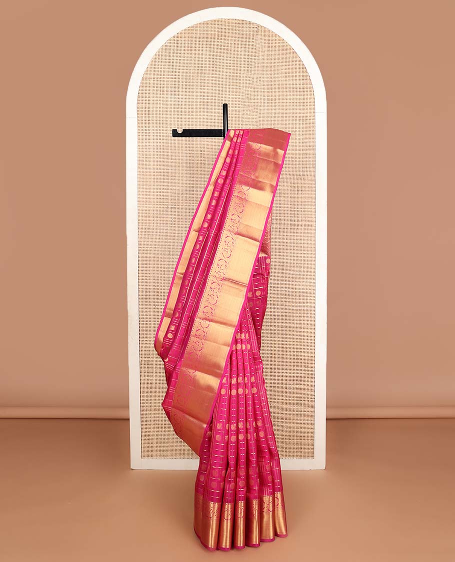 Pink annam chakram buttas zari checked Vasundhara silk mix saree, zari border of muthu,rekku,kathir & kodi mayil & jaal pallu