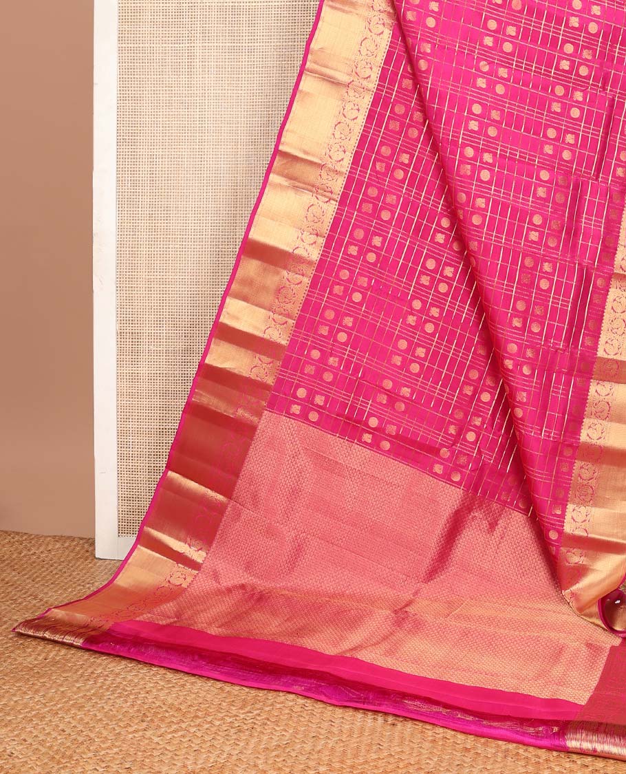 Pink annam chakram buttas zari checked Vasundhara silk mix saree, zari border of muthu,rekku,kathir & kodi mayil & jaal pallu