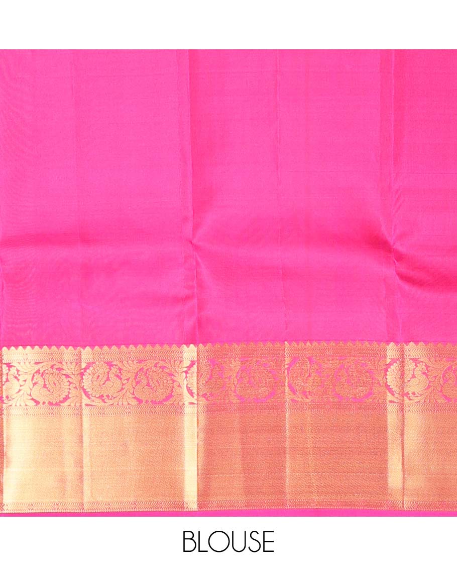 Pink annam chakram buttas zari checked Vasundhara silk mix saree, zari border of muthu,rekku,kathir & kodi mayil & jaal pallu