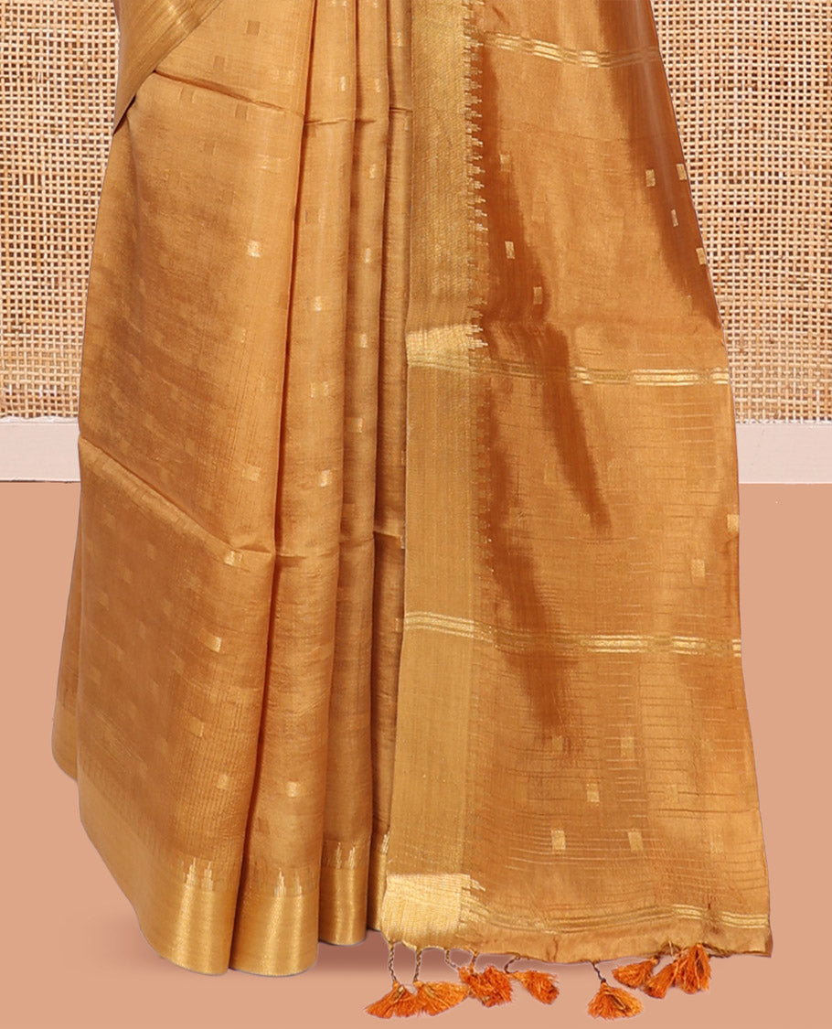 Gold Banana Pith Saree, Sparsely Woven with Buttas, a Zari Temple Border, Striped Pallu, and Matching Blouse