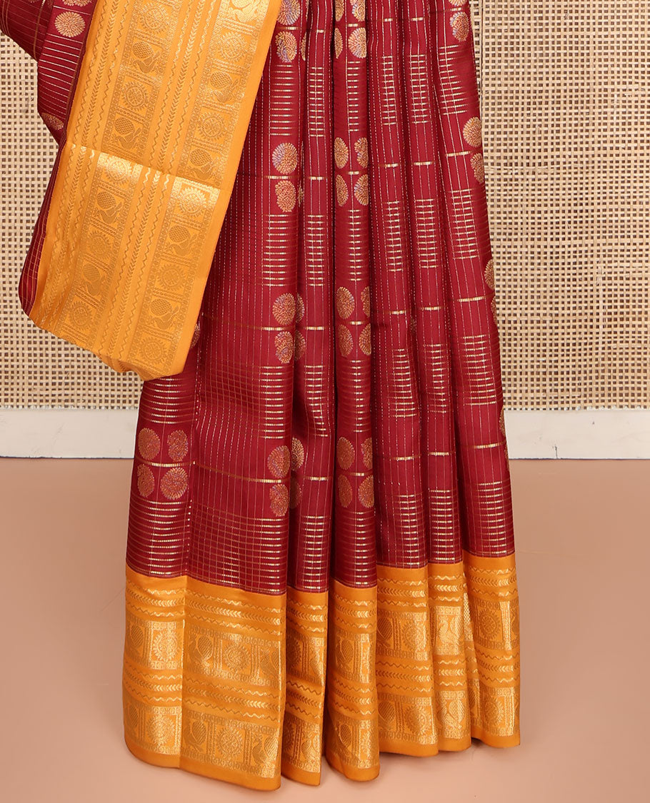 Orange Vasundhara Lite Silk Mix Saree, Majestically Detailed with Zari Butta Enclosed Checked Design on Its Body, Complemented by a Contrast Border of Neli, Kathir, Mayil, and Chakram Designs, Intricately Designed Pallu, and Paired with a Contrast Blouse