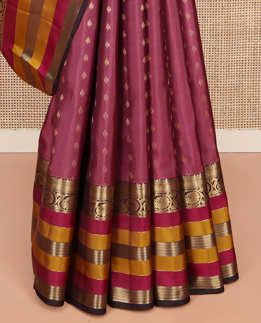 Burgundy Vasundhara Lite Silk Mix Saree, Detailed with Zari Buttas on Its Body, Complemented by a Contrast Border of Jaal, Kodi Visiry, and Neli Designs, Grand Ogee-Patterned Pallu, and Paired with a Contrast Blouse