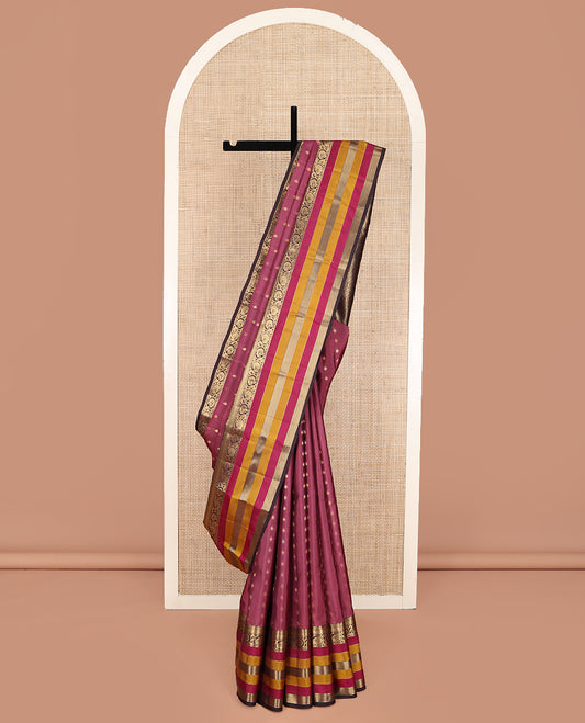 Burgundy Vasundhara Lite Silk Mix Saree, Detailed with Zari Buttas on Its Body, Complemented by a Contrast Border of Jaal, Kodi Visiry, and Neli Designs, Grand Ogee-Patterned Pallu, and Paired with a Contrast Blouse