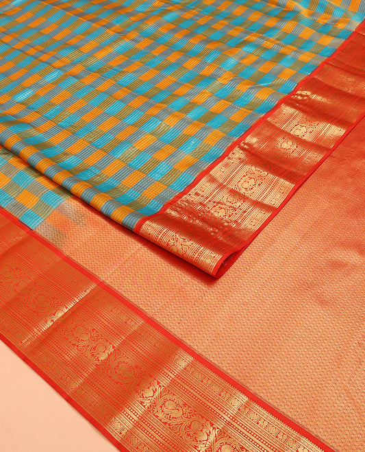 Multi-Color Checked Vasundhara Lite Silk Mix Saree, Gleamed Up with Zari Checks on Its Body, Complemented by a Contrast Border of Rekku, Mayil, Diamond, Kathir, Lavangam, and Mayil Designs, Intricate Pallu, and Paired with a Contrast Blouse