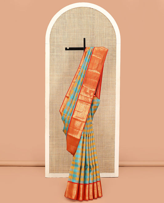 Multi-Color Checked Vasundhara Lite Silk Mix Saree, Gleamed Up with Zari Checks on Its Body, Complemented by a Contrast Border of Rekku, Mayil, Diamond, Kathir, Lavangam, and Mayil Designs, Intricate Pallu, and Paired with a Contrast Blouse