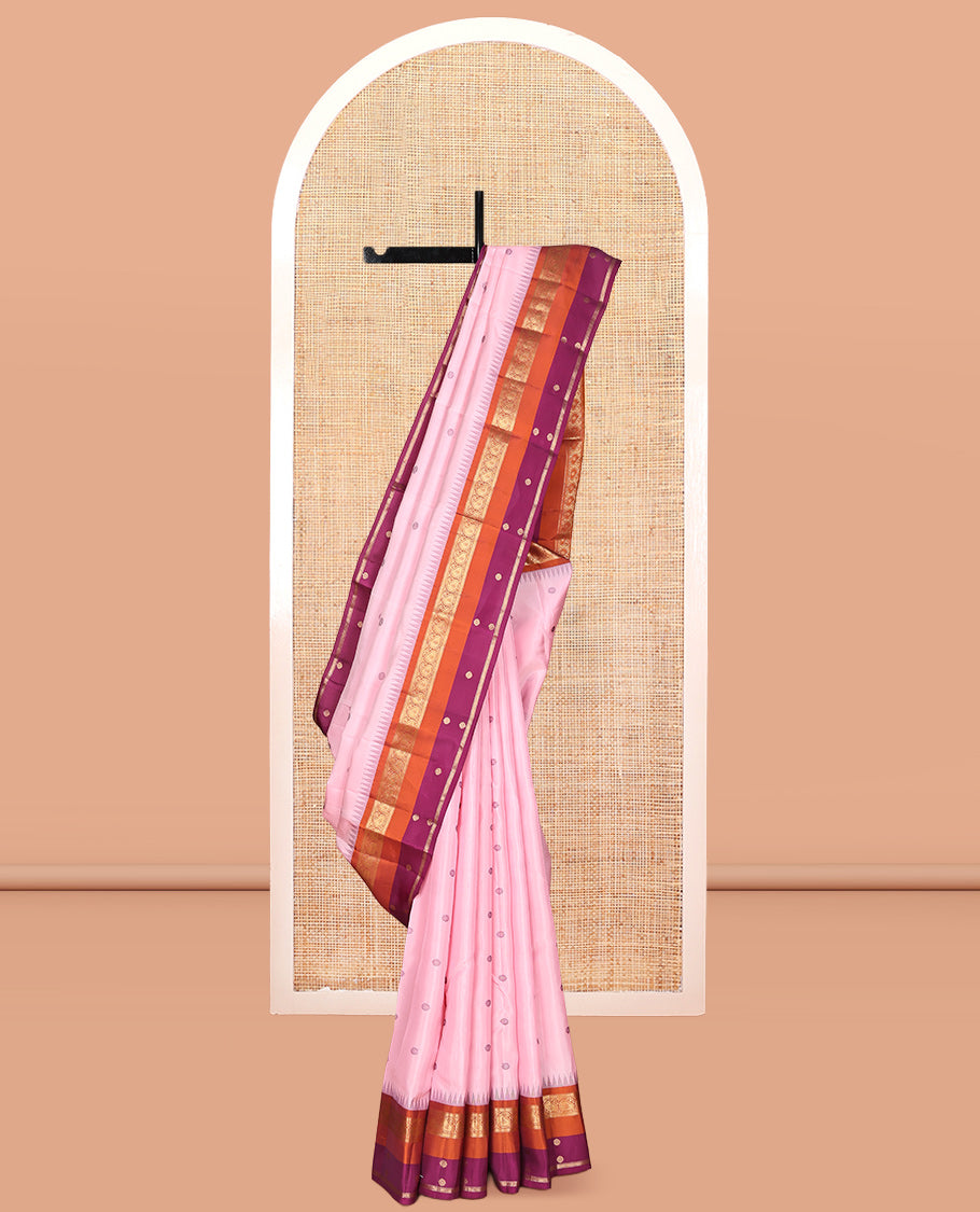 Pink Vasundhara Lite Silk Mix Saree, Woven with Buttas, a Contrast Border of Thazampoo Rekku, Banaras, Muthu, and Manga Designs, Grand Pallu, and a Contrast Blouse