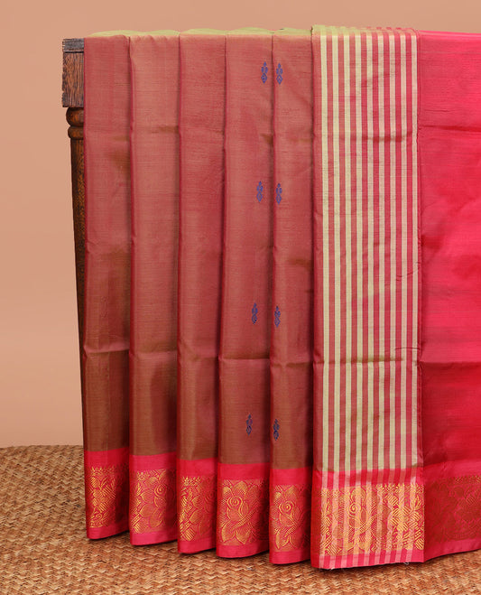 Red Banana Pith Saree, Beautified with Thread Buttas All Over Its Body, Complemented by a Contrast Floral Creeper Design Woven Border, Pallu Steeped with Stripes and Buttas, and Paired with a Contrast Blouse
