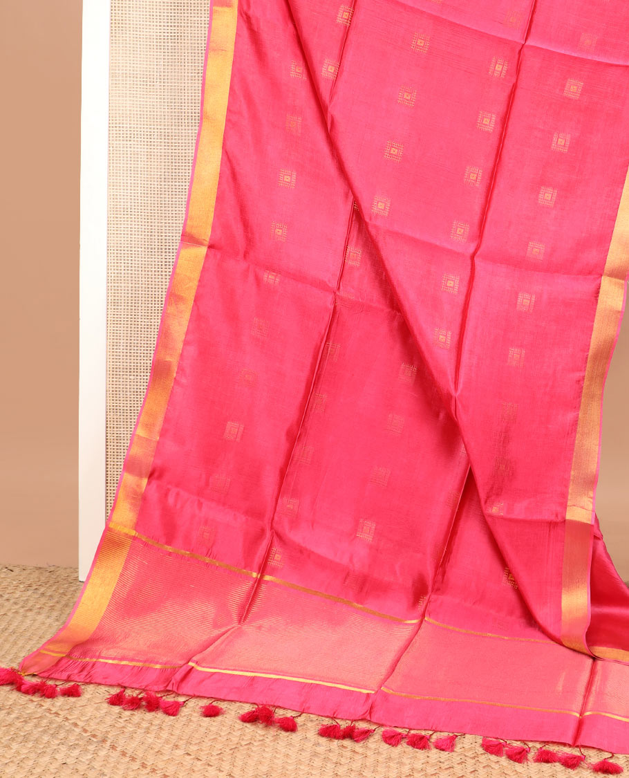 Pink buttas banana pith saree, bavanji zari border, and zari striped pallu