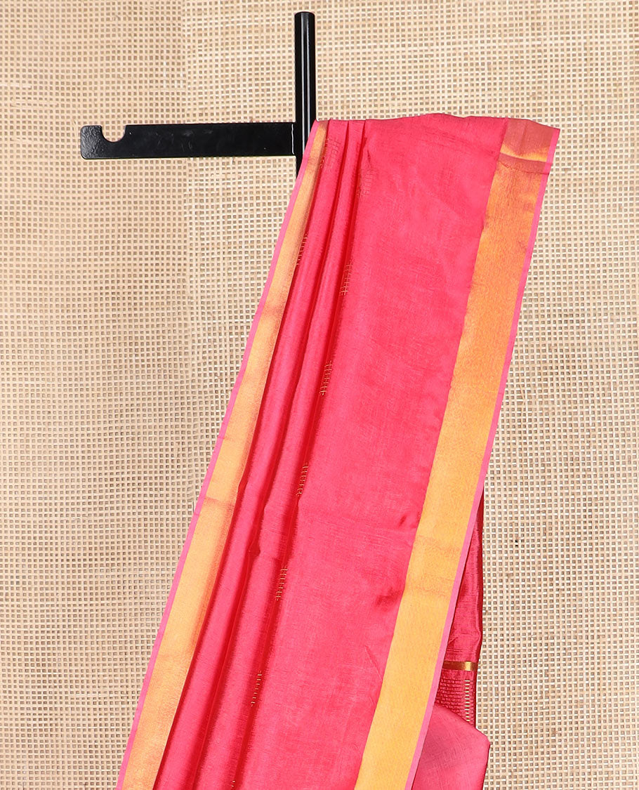 Pink buttas banana pith saree, bavanji zari border, and zari striped pallu