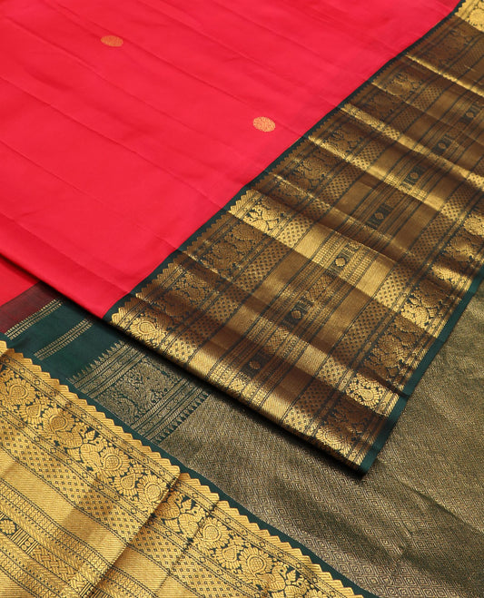 Red zari buttas silk saree, contrast border of rekku,mayil,paiyadi kann,muthu,banaras & zari designs & jaal pallu