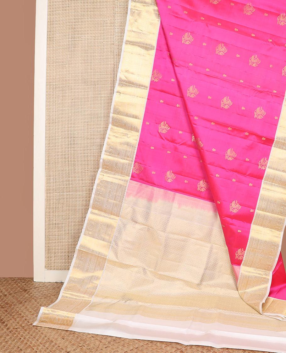 Pink zari buttas silk saree, contrast border of thilakam, diamond, laddu kamalam, muthu, kathir, mayil and chakram designs, and jaal pallu