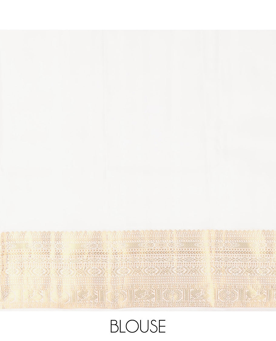 Pink zari buttas silk saree, contrast border of thilakam, diamond, laddu kamalam, muthu, kathir, mayil and chakram designs, and jaal pallu