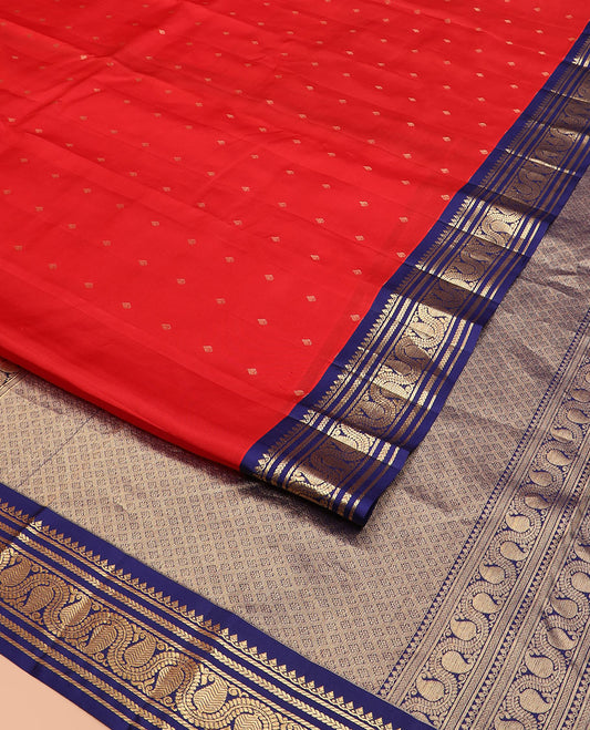 Red Vasundhara Silk Saree Elevated with Zari Buttas, Complemented by a Contrast Border of Thilakam Mokku, Banaras, Kathir, and Manga Designs, Featuring a Pallu of Jaal Designs, and a Contrast Blouse