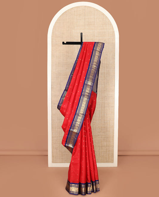 Red Vasundhara Silk Saree Elevated with Zari Buttas, Complemented by a Contrast Border of Thilakam Mokku, Banaras, Kathir, and Manga Designs, Featuring a Pallu of Jaal Designs, and a Contrast Blouse
