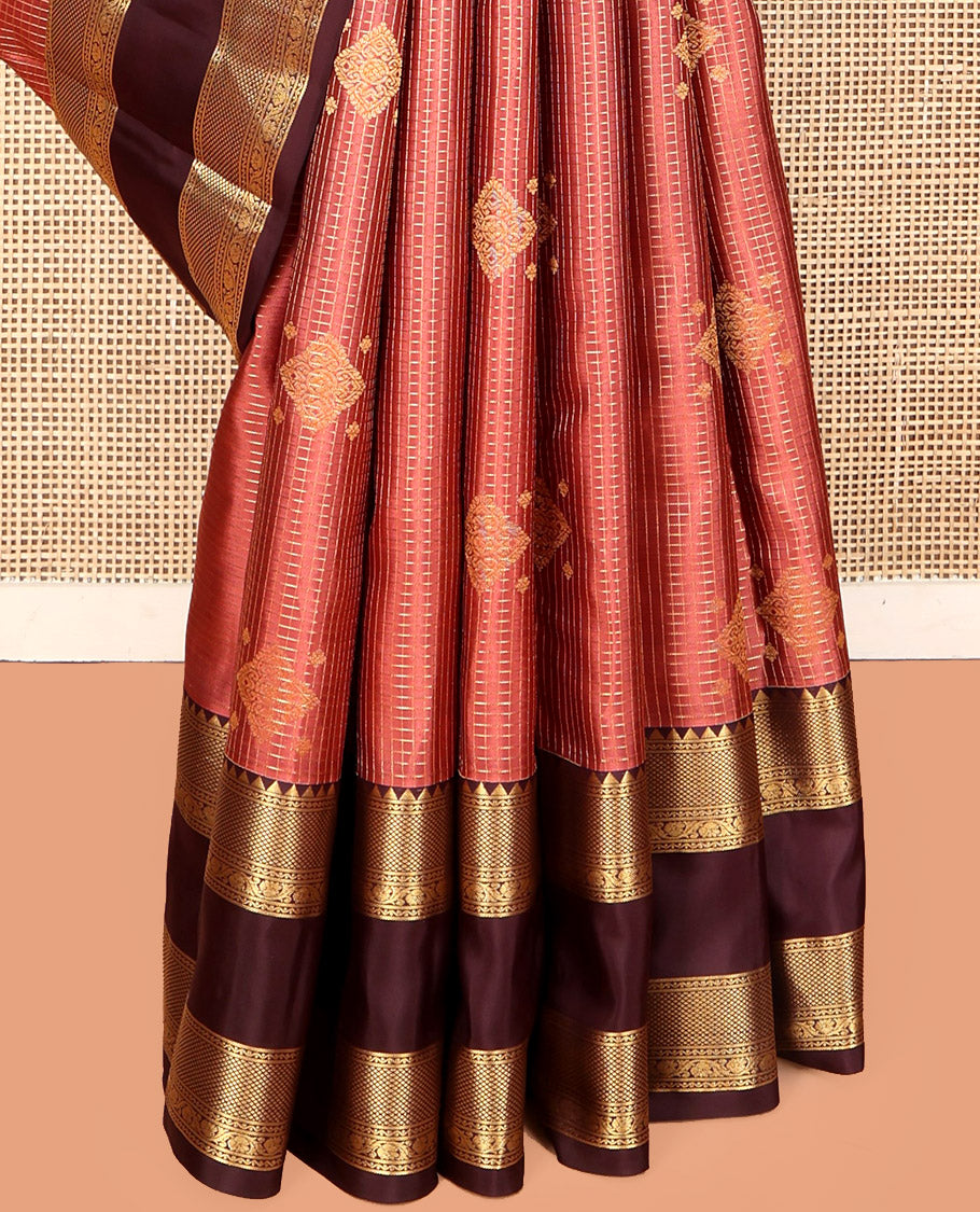 Peach Vasundhara Silk Saree, Accentuated with Zari Buttas and Checks, a Contrast Rettai Pettu Border of Rekku, Neli, Kodi Visiry, and Mayil Kann Designs, Grand Pallu, and a Contrast Blouse