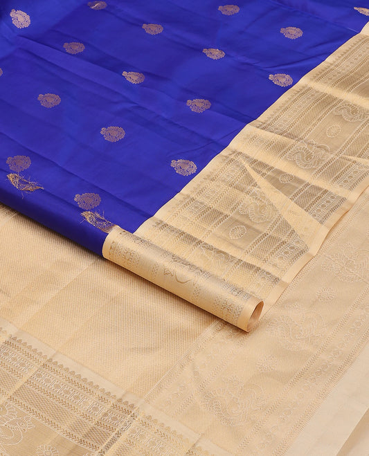 Ultramarine blue zari buttas silksaree, contrast mayil kann pallu & border of thilakam mokku,kathir,muthu,rudraksham,mayil & mayil kann