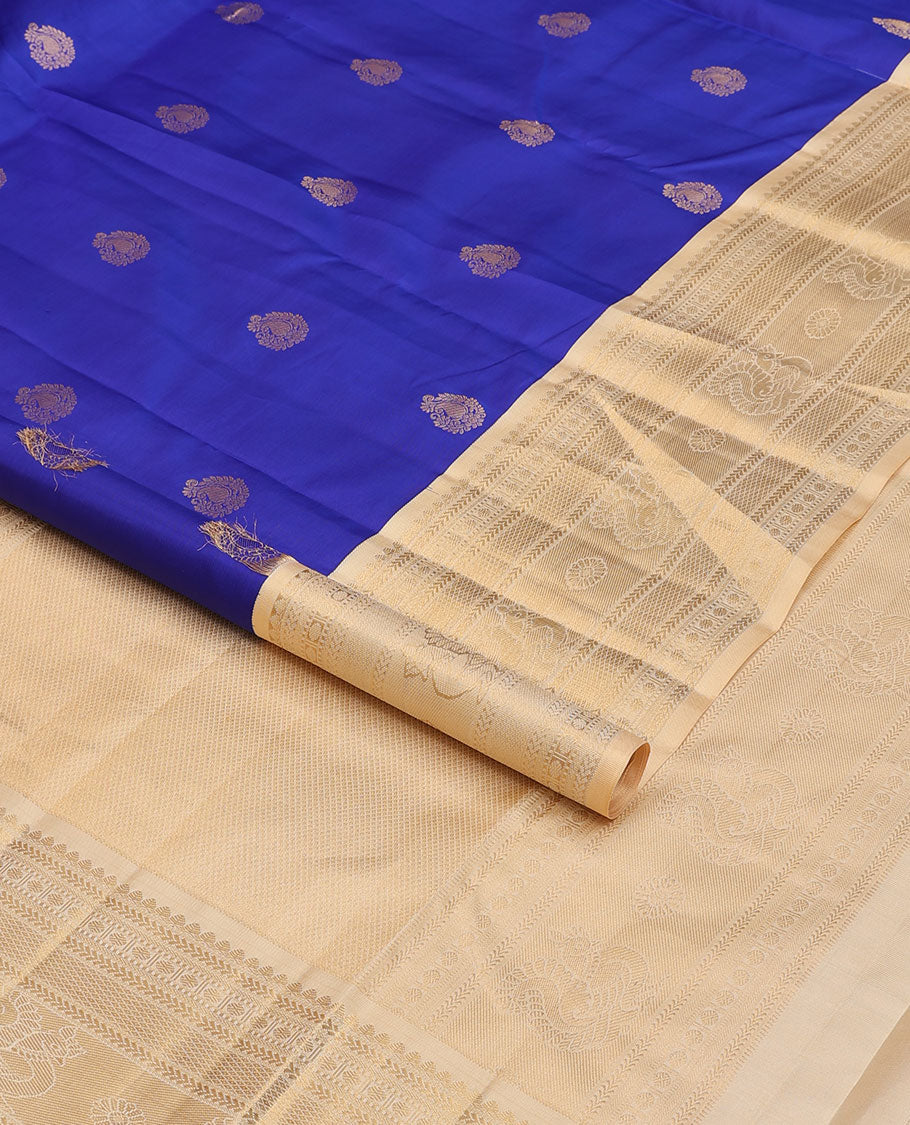 Ultramarine blue zari buttas silksaree, contrast mayil kann pallu & border of thilakam mokku,kathir,muthu,rudraksham,mayil & mayil kann