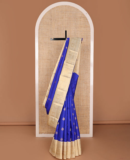 Ultramarine blue zari buttas silksaree, contrast mayil kann pallu & border of thilakam mokku,kathir,muthu,rudraksham,mayil & mayil kann
