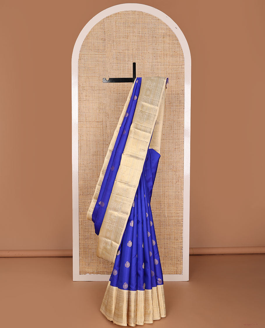 Ultramarine blue zari buttas silksaree, contrast mayil kann pallu & border of thilakam mokku,kathir,muthu,rudraksham,mayil & mayil kann
