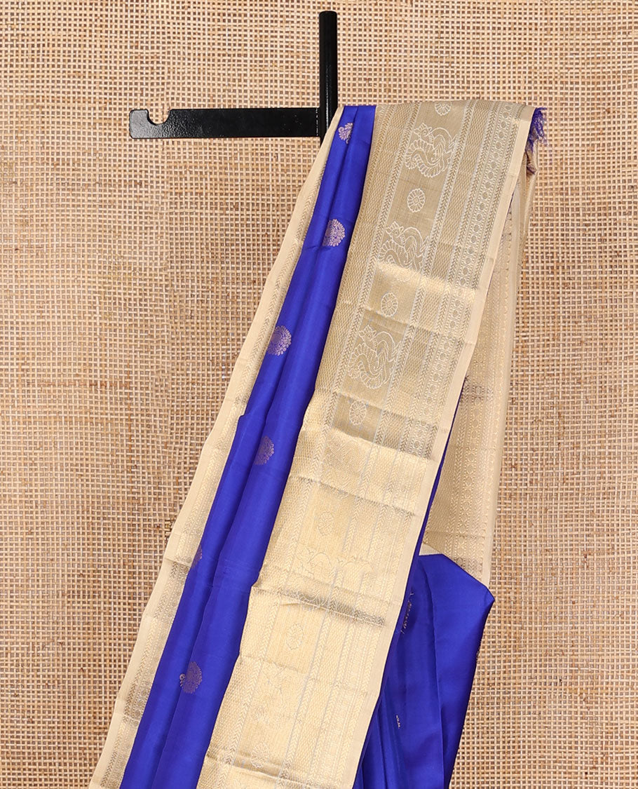 Ultramarine blue zari buttas silksaree, contrast mayil kann pallu & border of thilakam mokku,kathir,muthu,rudraksham,mayil & mayil kann