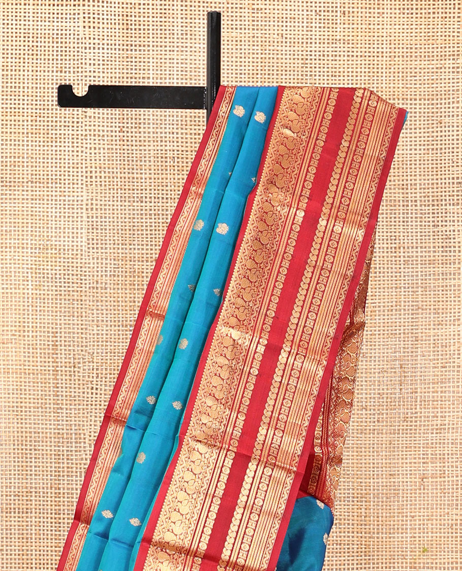 Blue Vasundhara Silk Saree, Crafted with Zari Buttas, Complemented by a Contrast Border of Rekku, Neli, Manga, and Mayil Designs, Intricate Pallu, and a Contrast Blouse