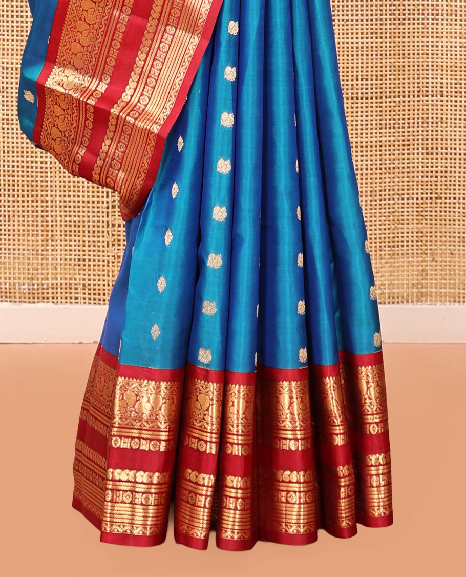 Blue Vasundhara Silk Saree, Crafted with Zari Buttas, Complemented by a Contrast Border of Rekku, Neli, Manga, and Mayil Designs, Intricate Pallu, and a Contrast Blouse