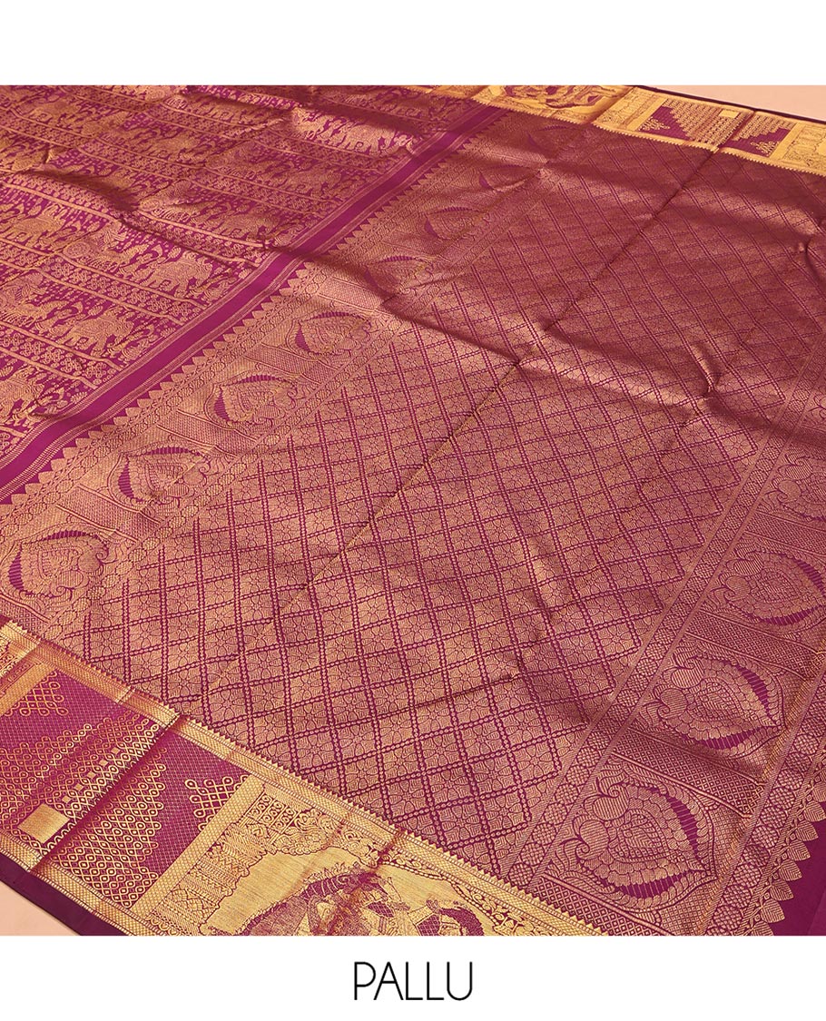 Purple Kanchipuram Wedding Silk Saree, Masterfully Woven with Jacquard Design, a Zari Border of Rekku, Muthu, Kuyil Kann, and Wedding-Themed Motifs, Jaal Pallu, and a Matching Blouse