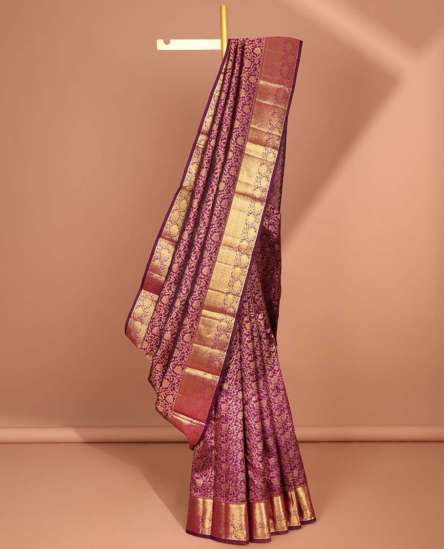 maroon floral jacquard kancheepuram silk saree with self zari border & argyle zari design pallu