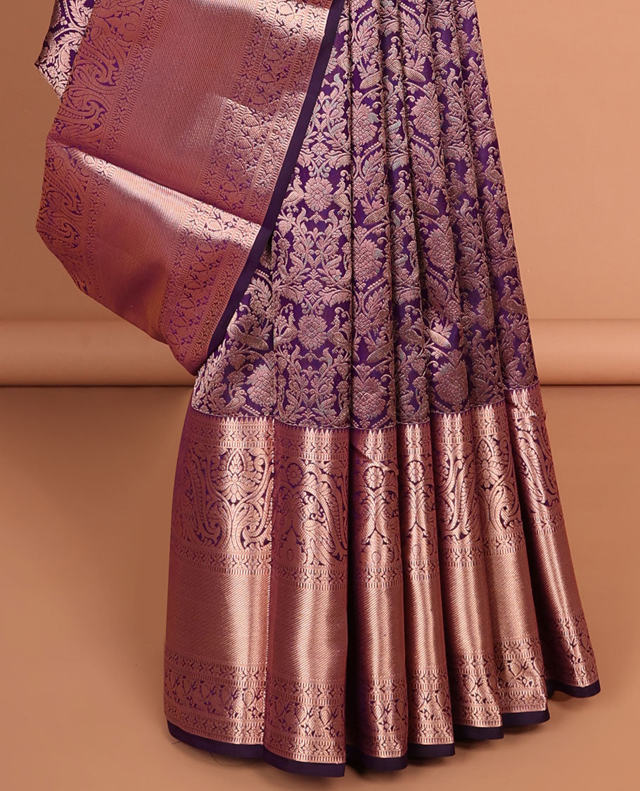Violet floral jacquard kancheepuram silk saree with self zari design border & intricate floral zari design pallu