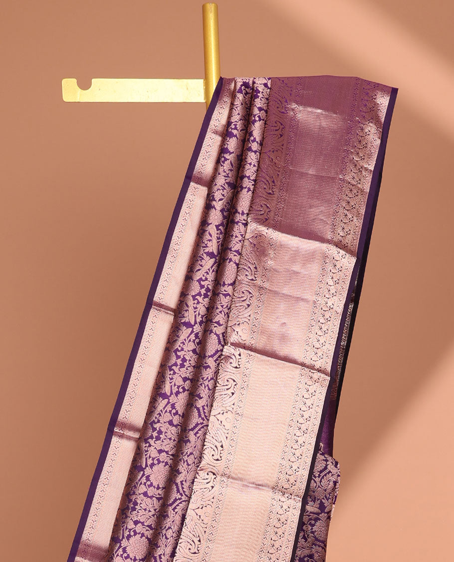 Violet floral jacquard kancheepuram silk saree with self zari design border & intricate floral zari design pallu