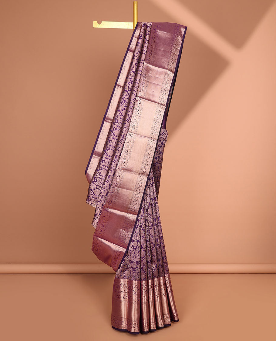 Violet floral jacquard kancheepuram silk saree with self zari design border & intricate floral zari design pallu