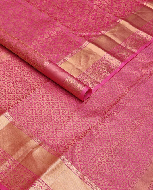 Pink floral jacquard kanchipuram wedding silk saree, zari border of floral design & pallu of jaal designs