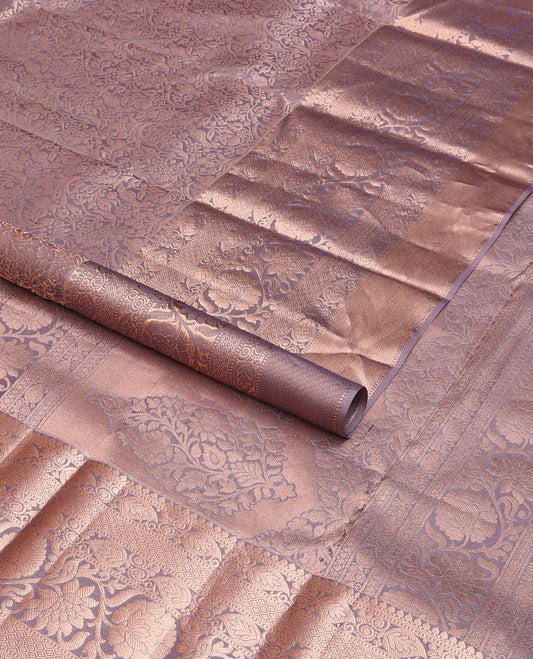 Grey floral-bird jacquard wedding silk saree, zari border of thilakam mokku, muthu, mayil kann & kodi visiry & floral design pallu