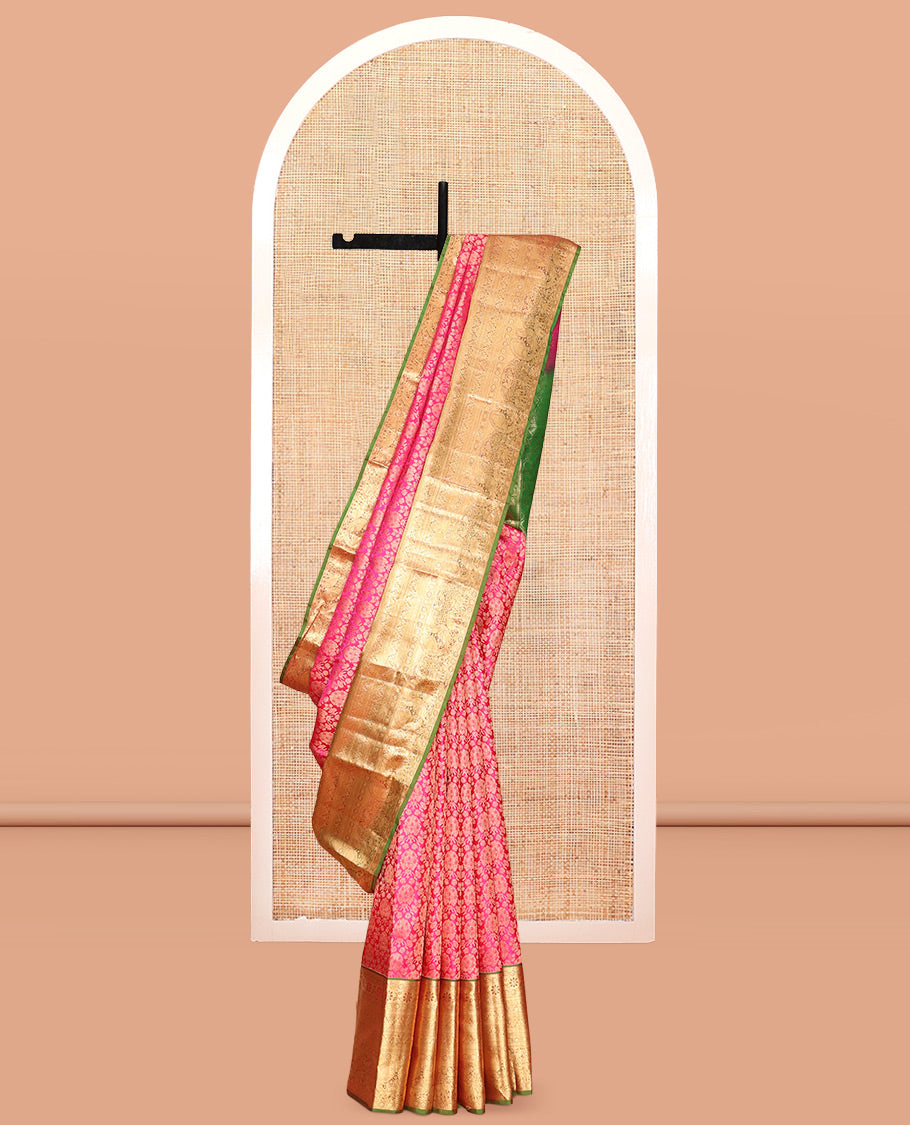 Pink Kanchipuram Wedding Silk Saree, Graced with Jacquard Design, a Contrast Border of Thilakam, Poun, Kamalam, Diamond, Kodi Visiry, Yaanai and Mayil, Grand Pallu, and a Contrast Blouse