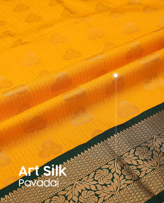 Yellow art silk pavadai set, zari design with contrast traditional zari bordered skirt and a contrast zari border blouse