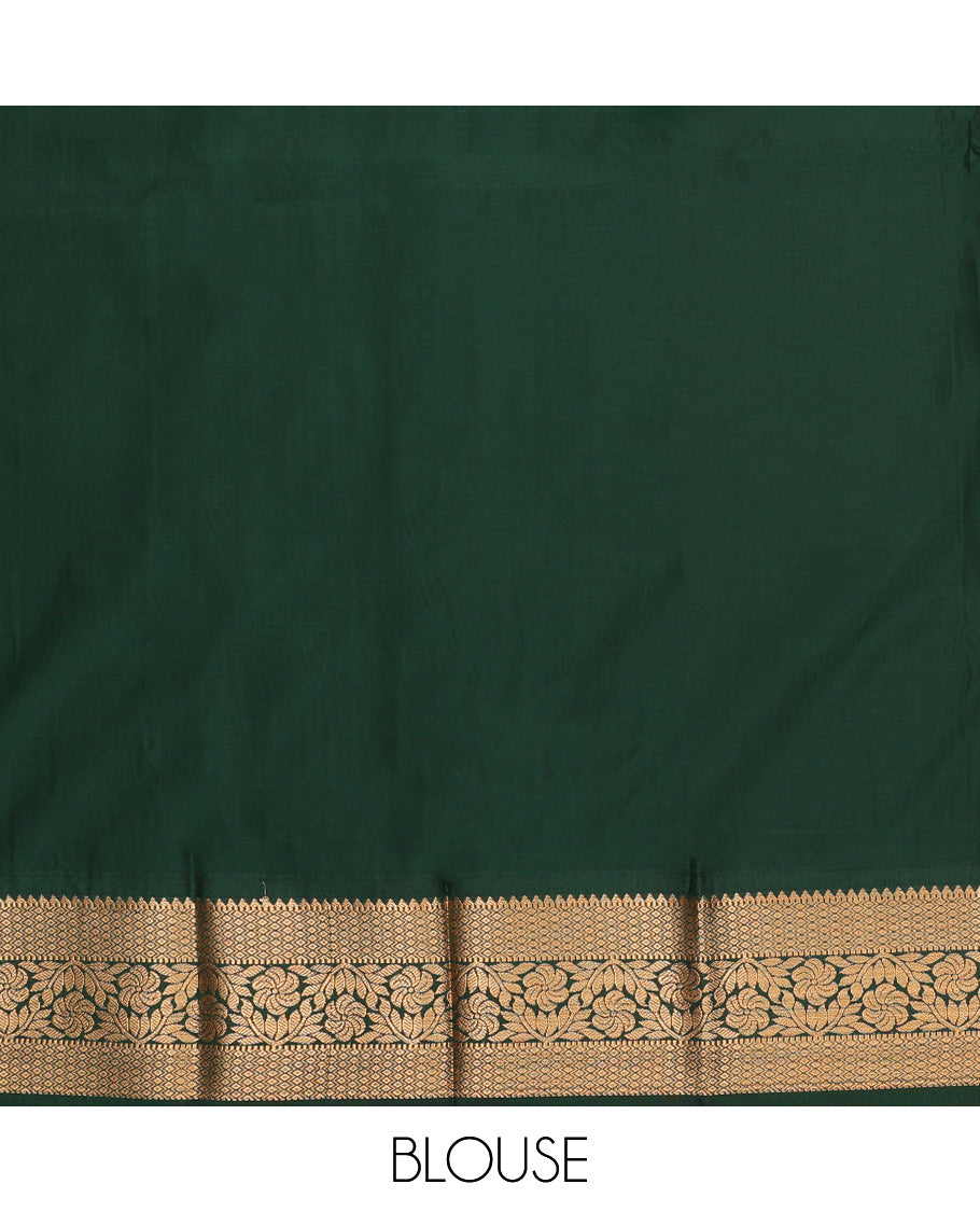 Yellow art silk pavadai set, zari design with contrast traditional zari bordered skirt and a contrast zari border blouse