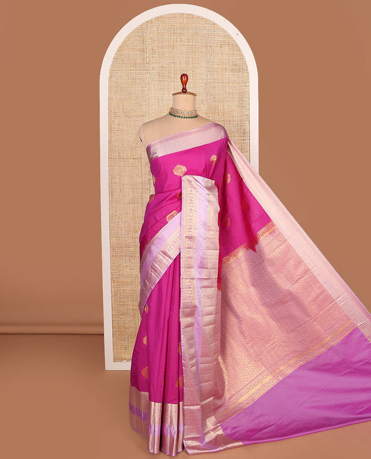 Pink zari buttas budget silk saree, contrast traditional zari border, and geometric patterned pallu