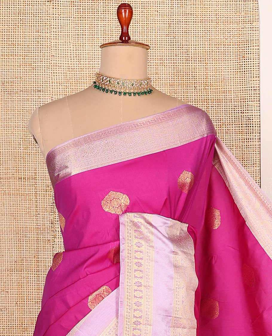 Pink zari buttas budget silk saree, contrast traditional zari border, and geometric patterned pallu